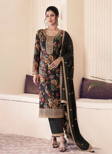 Amazing Black Color Chinon Fabric Designer Suit