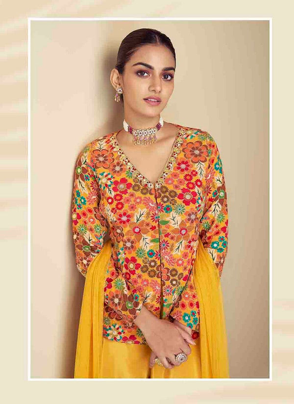 Gorgeous Mustard Color Chinon Fabric Plazzo Suit