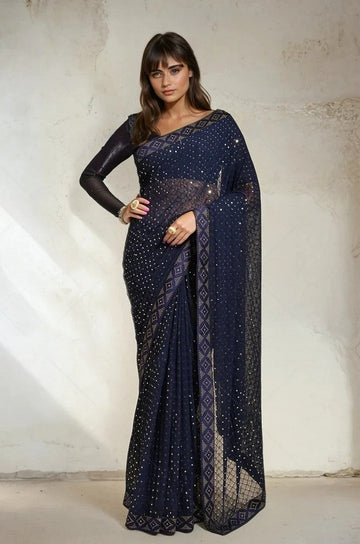 Dazzling Navy Blue Color Georgette Fabric Casual Sarees