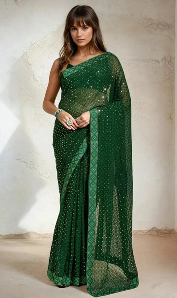 Dazzling Green Color Georgette Fabric Casual Sarees