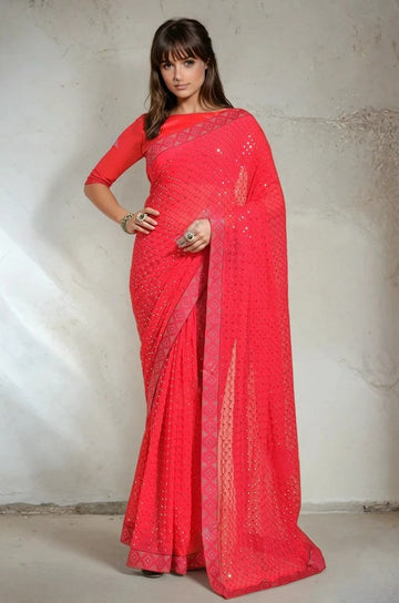 Dazzling Pink Color Georgette Fabric Casual Sarees
