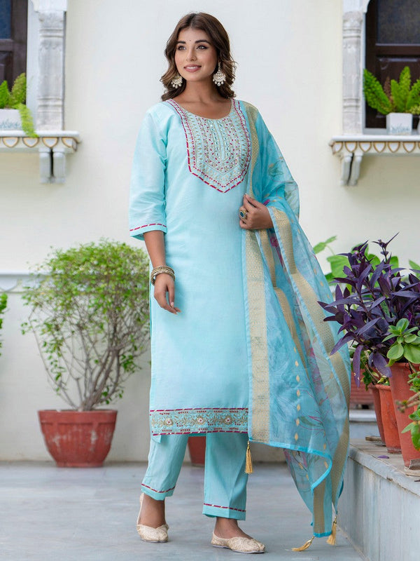 Gorgeous Aqua Color Silk Fabric Designer Suit