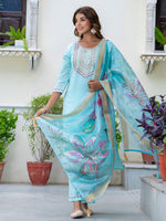 Gorgeous Aqua Color Silk Fabric Designer Suit