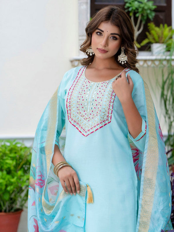 Gorgeous Aqua Color Silk Fabric Designer Suit