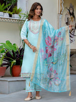 Gorgeous Aqua Color Silk Fabric Designer Suit