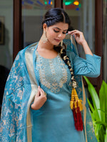 Gorgeous Turquoise Color Silk Fabric Designer Suit