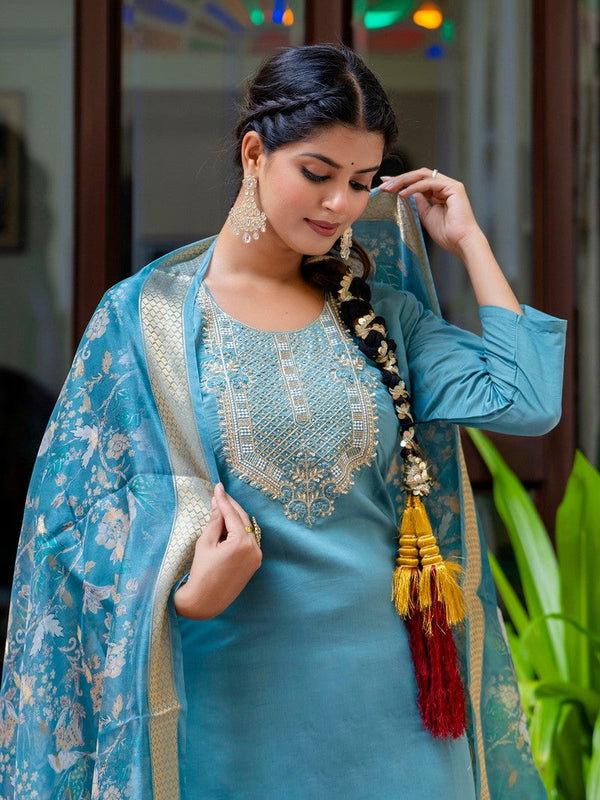 Gorgeous Turquoise Color Silk Fabric Designer Suit