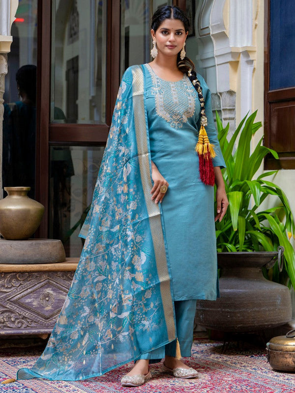 Gorgeous Turquoise Color Silk Fabric Designer Suit