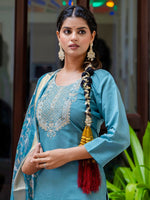 Gorgeous Turquoise Color Silk Fabric Designer Suit