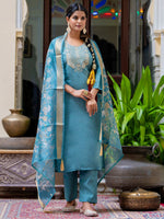 Gorgeous Turquoise Color Silk Fabric Designer Suit