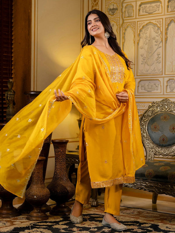 Gorgeous Mustard Color Silk Fabric Designer Suit