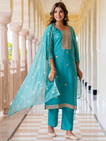 Gorgeous Turquoise Color Silk Fabric Designer Suit