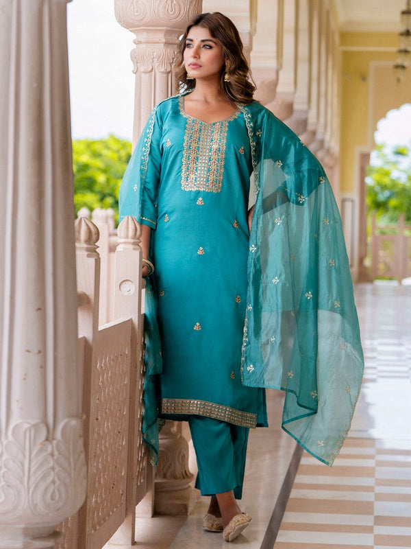 Gorgeous Turquoise Color Silk Fabric Designer Suit