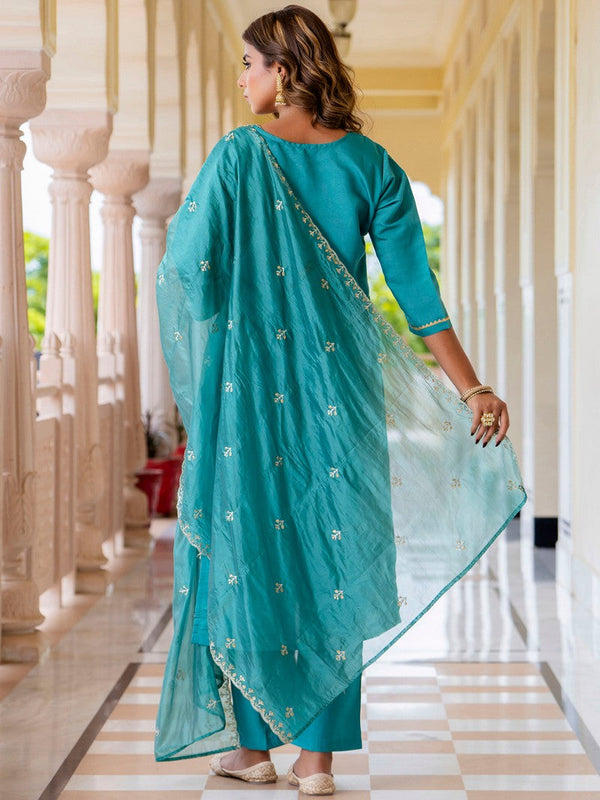 Gorgeous Turquoise Color Silk Fabric Designer Suit