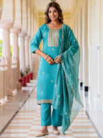 Gorgeous Turquoise Color Silk Fabric Designer Suit