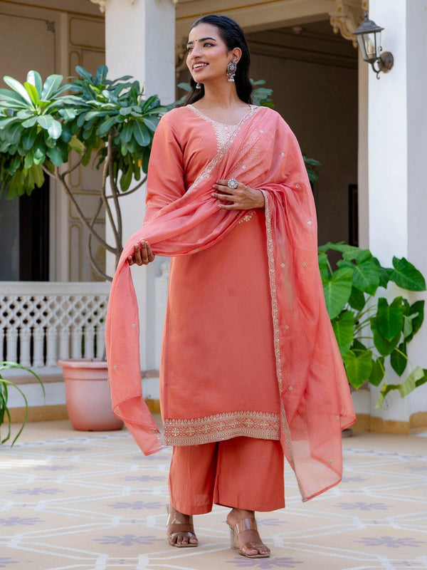 Gorgeous Peach Color Silk Fabric Designer Suit