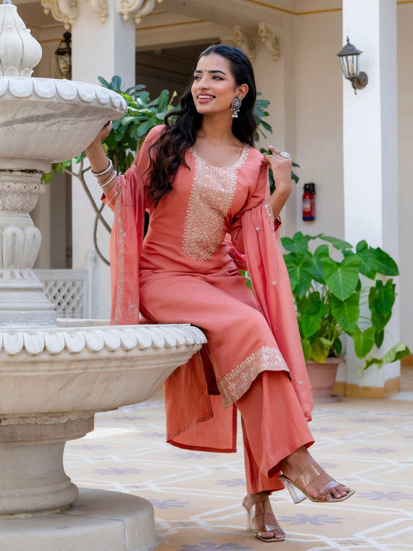 Gorgeous Peach Color Silk Fabric Designer Suit