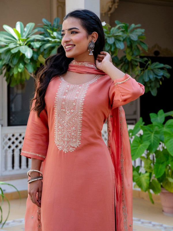 Gorgeous Peach Color Silk Fabric Designer Suit