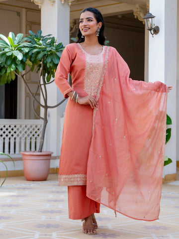 Gorgeous Peach Color Silk Fabric Designer Suit
