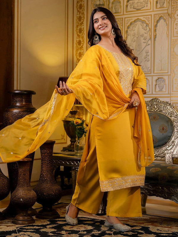 Gorgeous Mustard Color Silk Fabric Designer Suit
