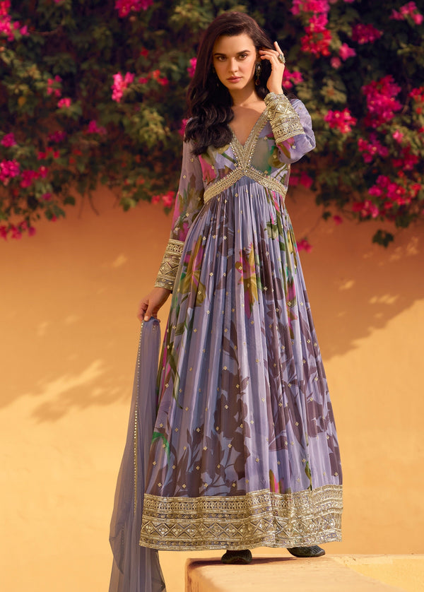 Dazzling Purple Color Chinon Fabric Partywear Suit