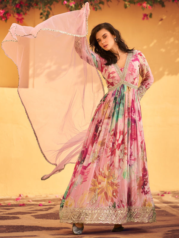 Dazzling Pink Color Chinon Fabric Partywear Suit