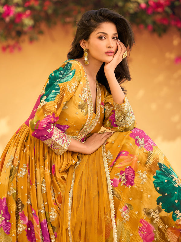 Dazzling Yellow Color Chinon Fabric Partywear Suit