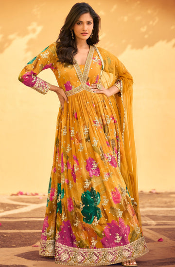 Dazzling Yellow Color Chinon Fabric Partywear Suit
