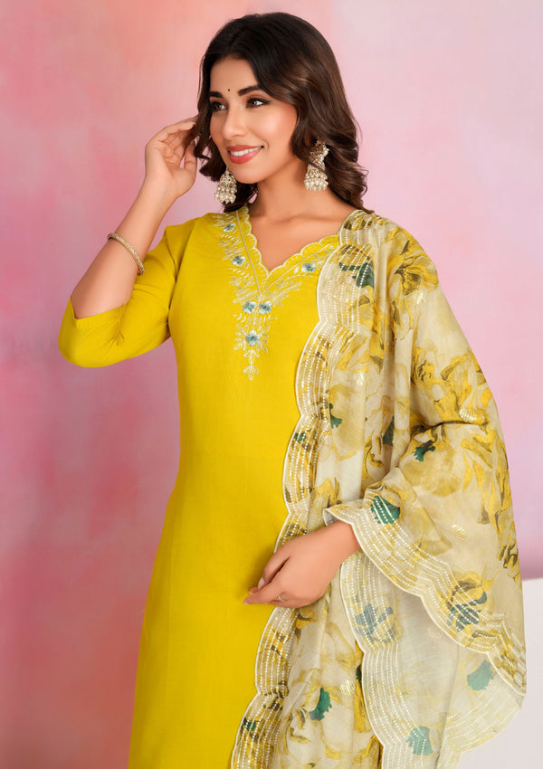 Dazzling Yellow Color Viscose Fabric Designer Suit