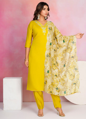 Dazzling Yellow Color Viscose Fabric Designer Suit
