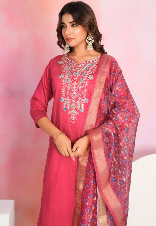 Dazzling Red Color Chanderi Fabric Designer Suit