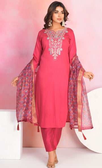 Dazzling Red Color Chanderi Fabric Designer Suit
