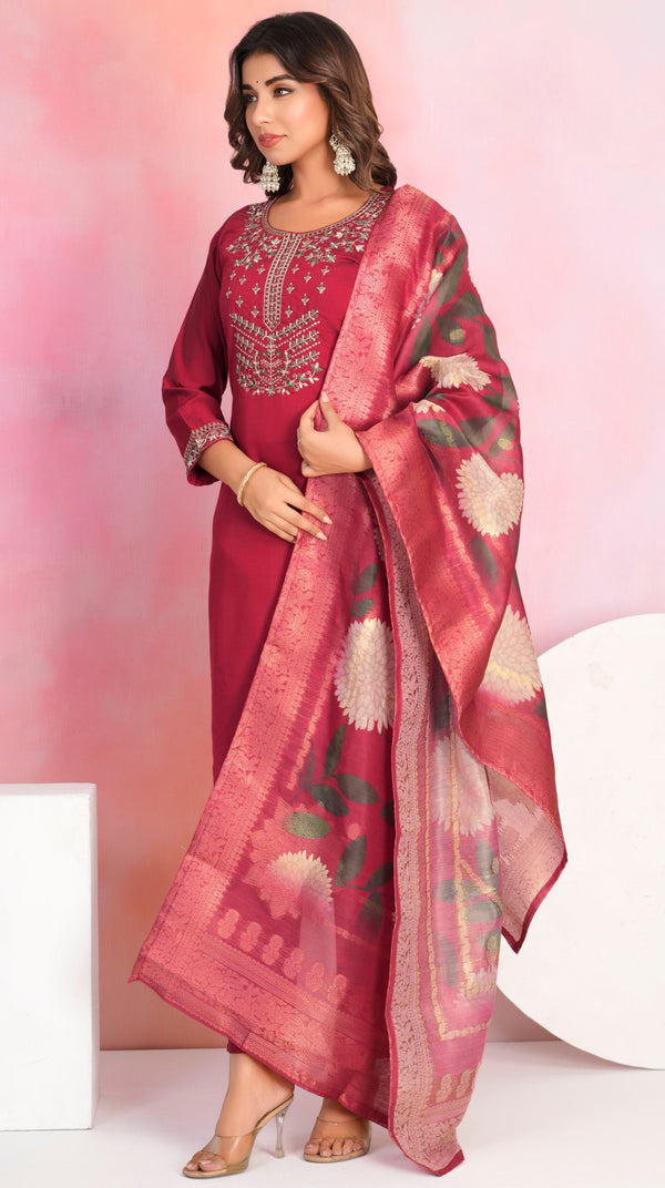 Dazzling Maroon Color Viscose Fabric Designer Suit