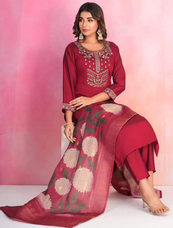 Dazzling Maroon Color Viscose Fabric Designer Suit