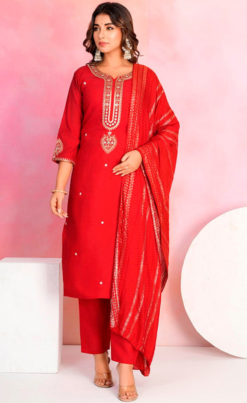 Dazzling Red Color Viscose Fabric Designer Suit