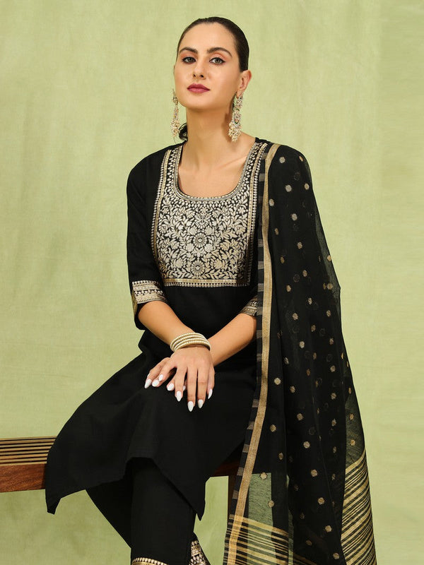 Dazzling Black Color Cotton Fabric Designer Suit