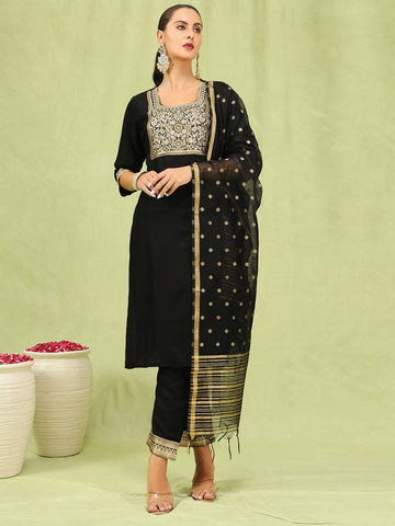 Dazzling Black Color Cotton Fabric Designer Suit