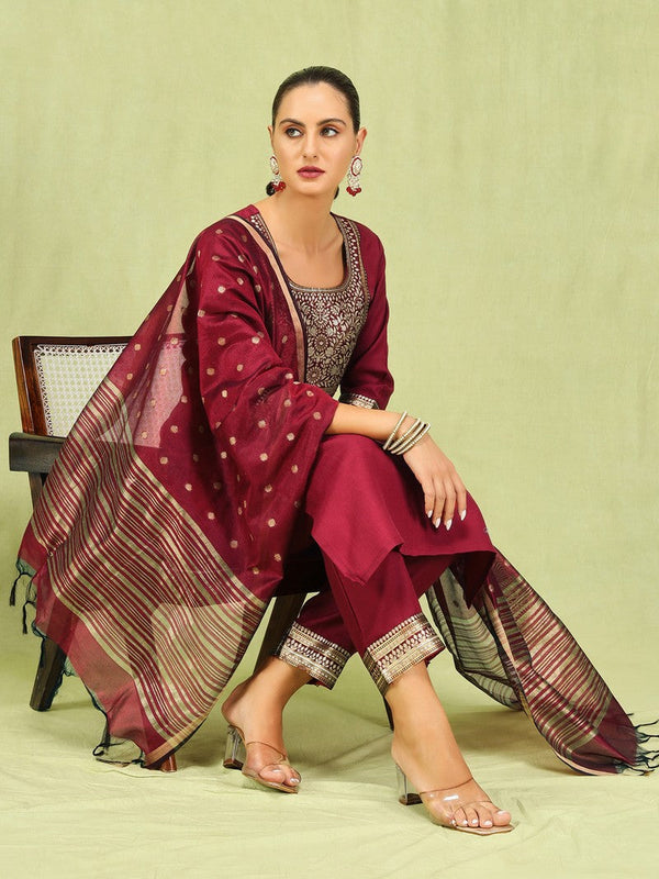 Dazzling Maroon Color Cotton Fabric Designer Suit