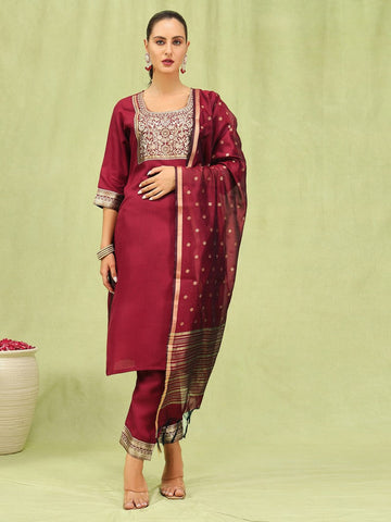 Dazzling Maroon Color Cotton Fabric Designer Suit