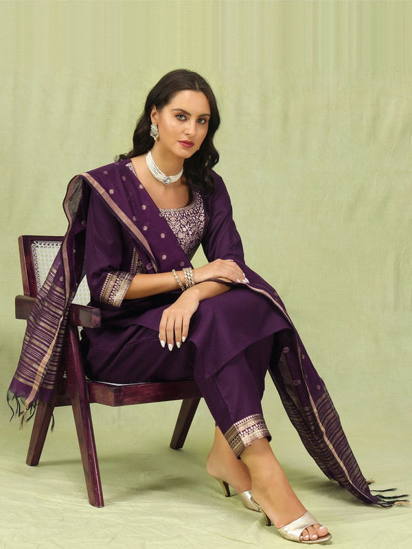 Dazzling Voilet Color Cotton Fabric Designer Suit