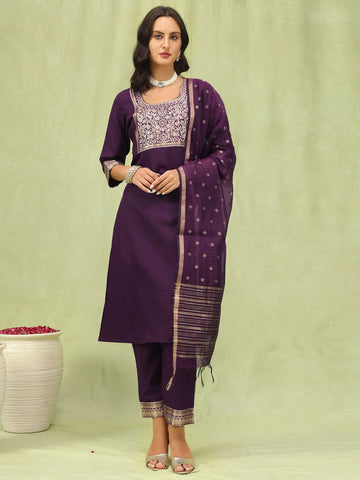 Dazzling Voilet Color Cotton Fabric Designer Suit