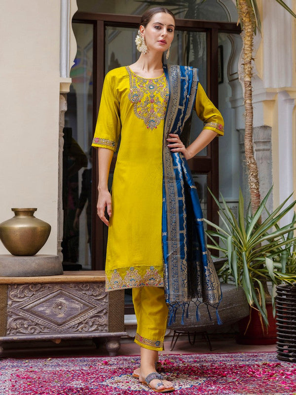 Dazzling Yellow Color Viscose Fabric Designer Suit