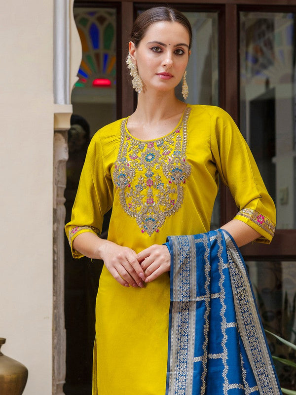 Dazzling Yellow Color Viscose Fabric Designer Suit