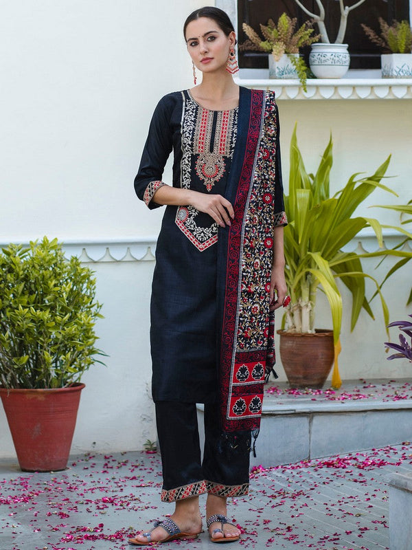 Dazzling Black Color Silk Fabric Designer Suit
