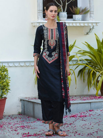 Dazzling Black Color Silk Fabric Designer Suit