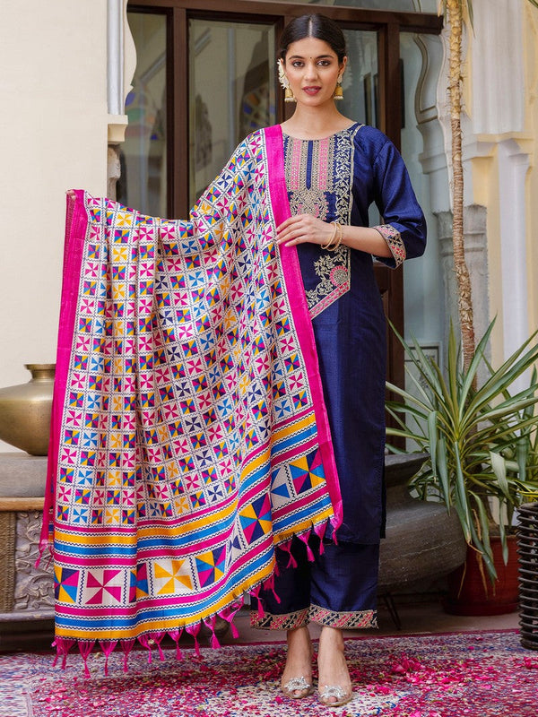 Dazzling Navy Blue Color Silk Fabric Designer Suit
