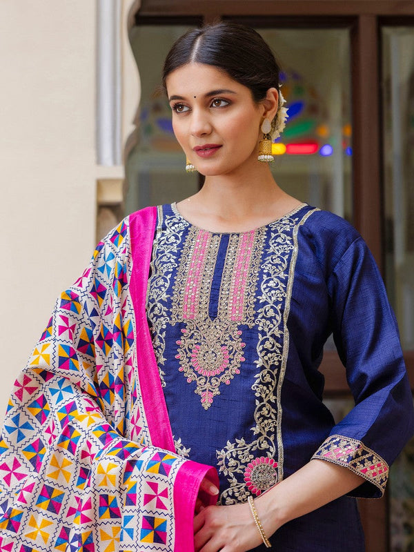 Dazzling Navy Blue Color Silk Fabric Designer Suit
