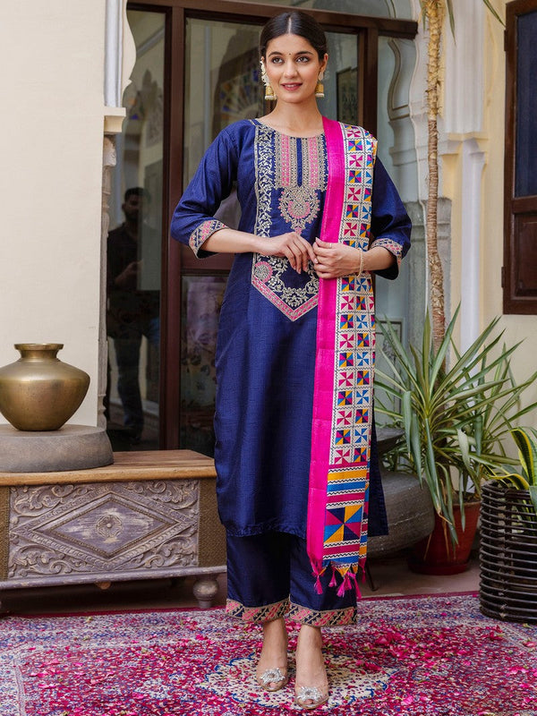 Dazzling Navy Blue Color Silk Fabric Designer Suit