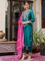 Dazzling Teal Color Silk Fabric Designer Suit