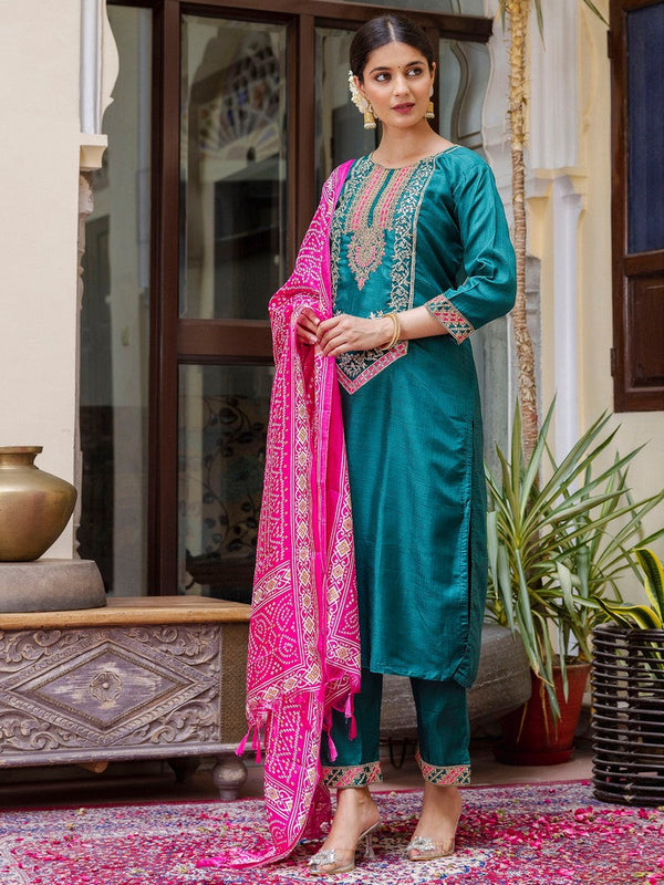 Dazzling Teal Color Silk Fabric Designer Suit
